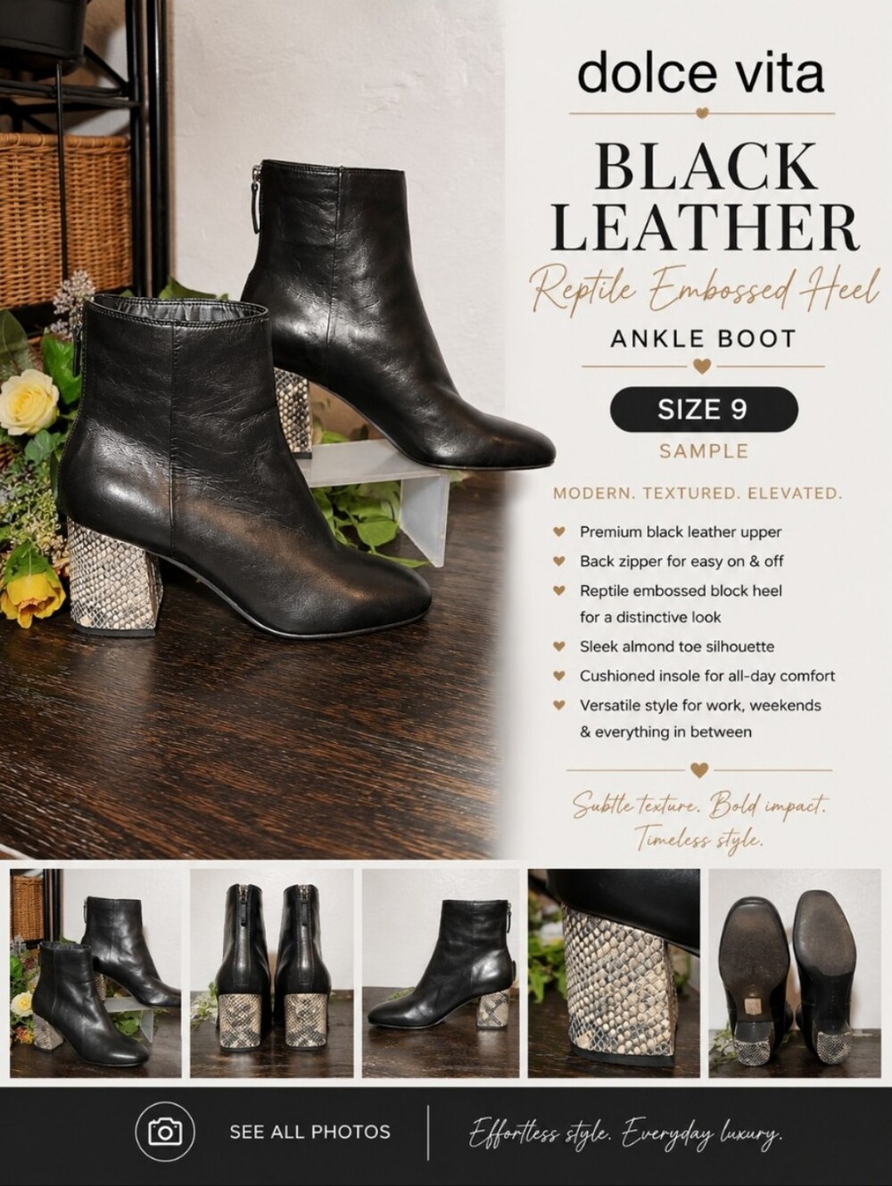 DOLCE VITA Black Leather Reptile Embossed Heel 9 Sample Boot